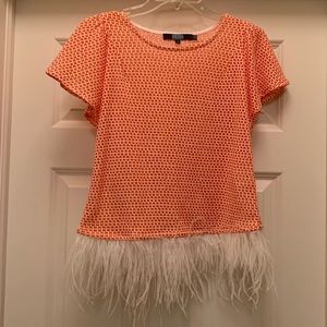 Anthropologie Eve Franco Short Sleeve Top with Feathers at Hem Line- Never Worn